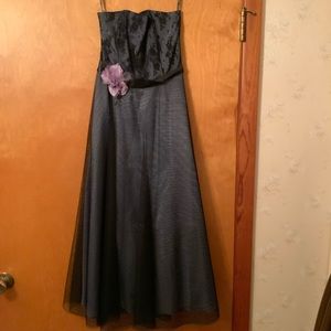 Black lace strapless formal w/lavender accent rose